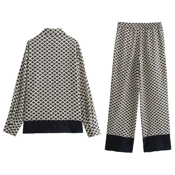 Chic Satin Blouse Long Sleeve Lapel Shirt+Elastic Waist Casual Trousers 2 set - Picture 5 of 5